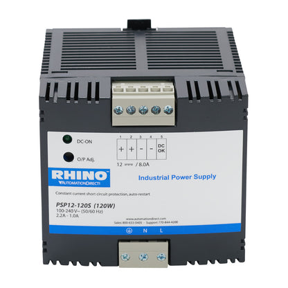 RHINO SELECT PSP series switching power supply, 12 VDC @ 8A/96W (adjustable), 120/240 VAC or 85-375 VDC nominal input, 1-phase, enclosed, plastic housing, 35mm DIN rail or chassis mount, removable screw terminal.-PSP12-120S