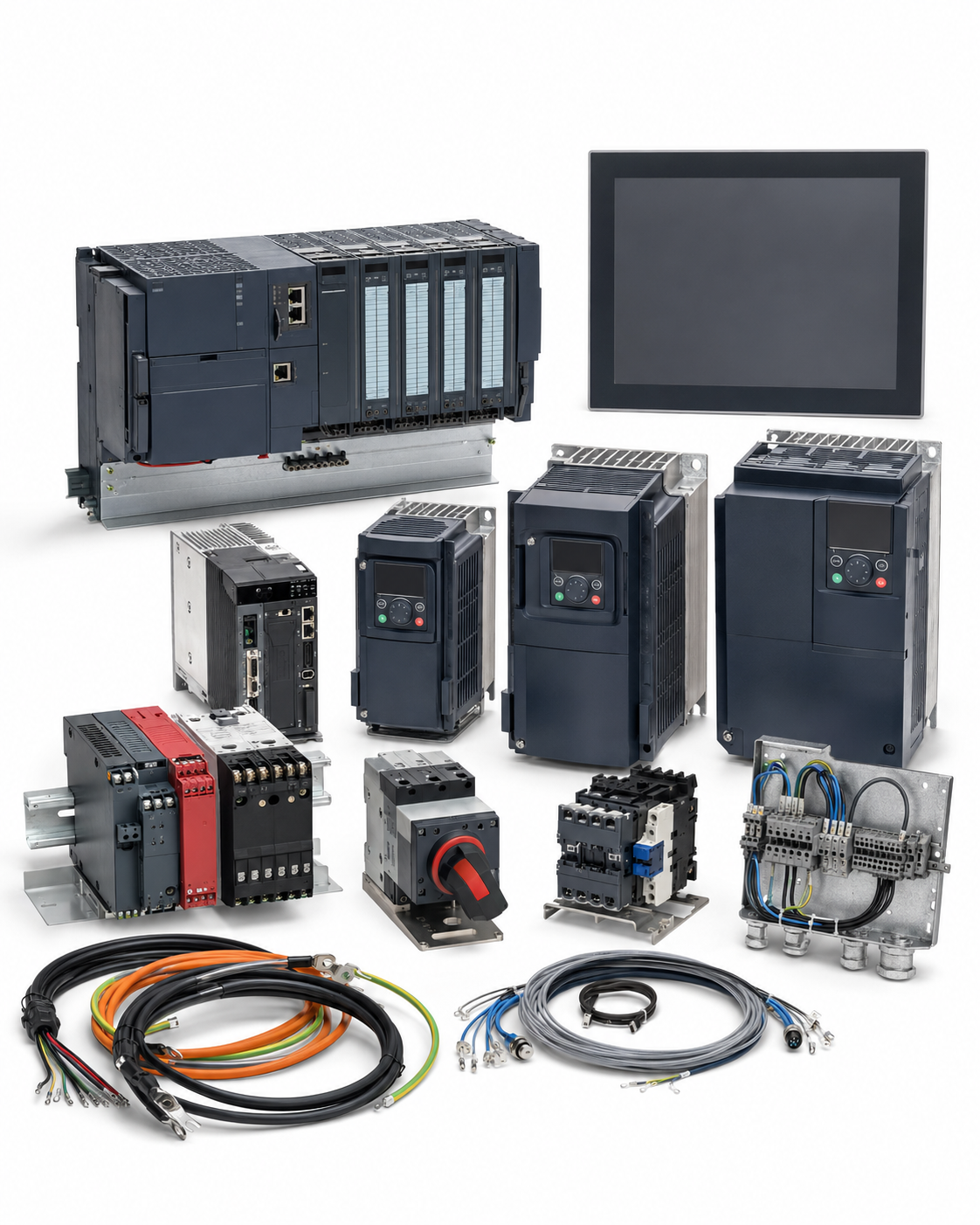 PLC HMI and industrial drive retrofit technical kit on white background