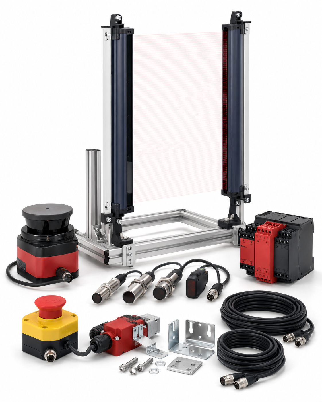 Machine safety light curtain sensors and control retrofit kit on white background