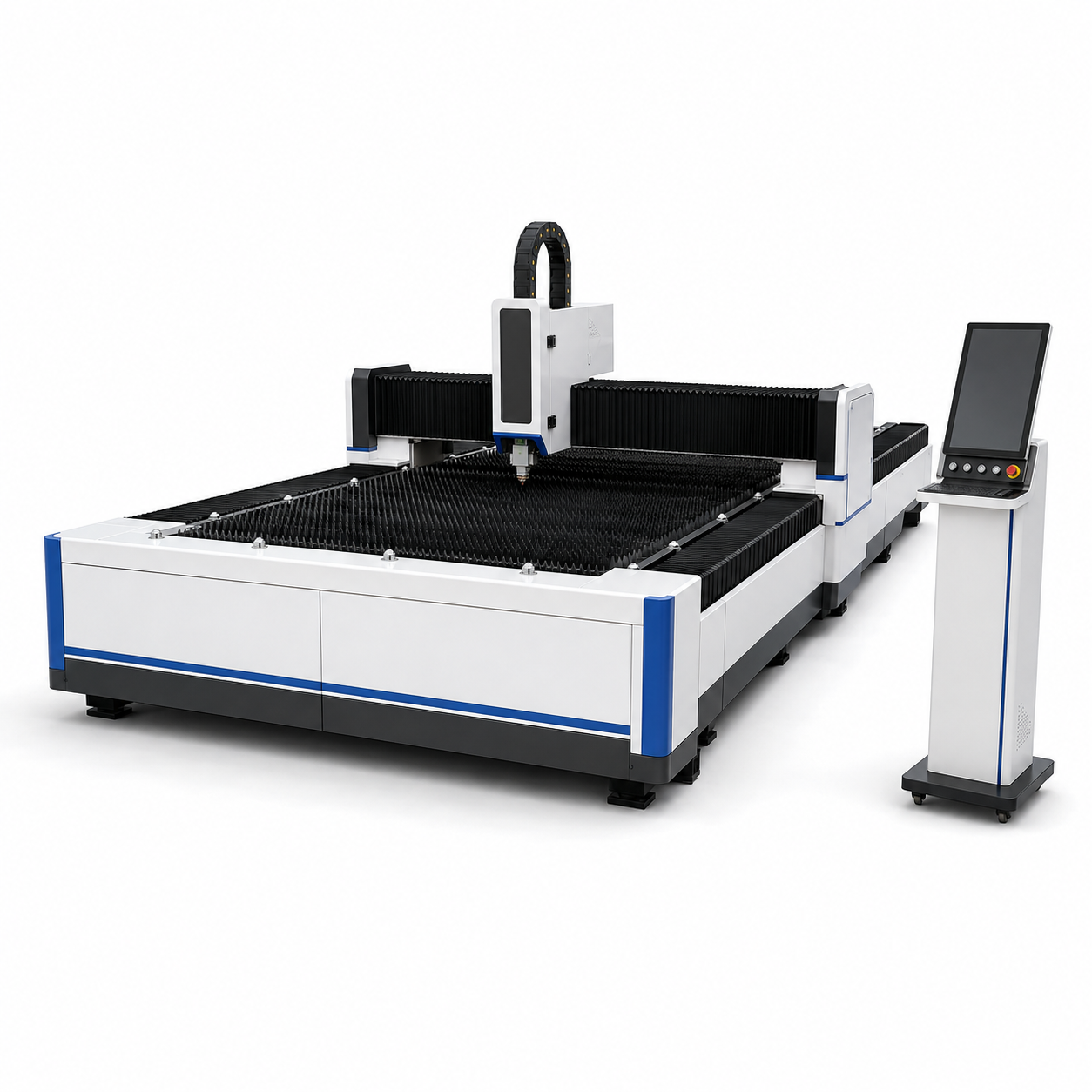 UmproTech 3kW 5 by 10 foot open-table fiber laser cutting machine on white background