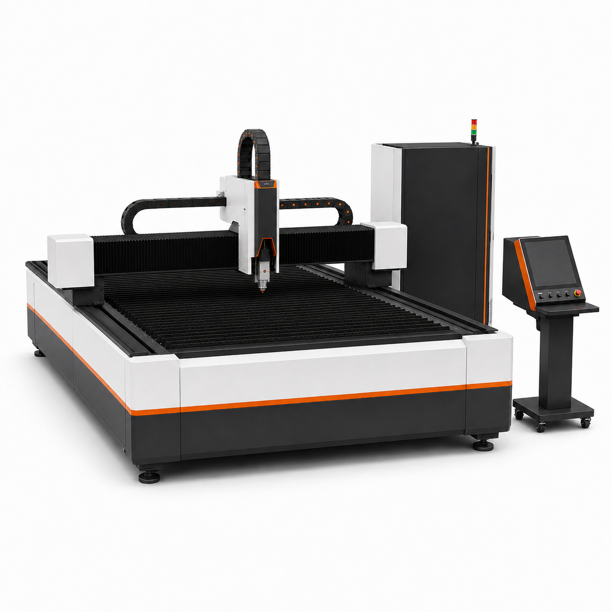 Full front-right three-quarter view of UmproTech 6kW 5×10 open-table fiber laser cutting machine