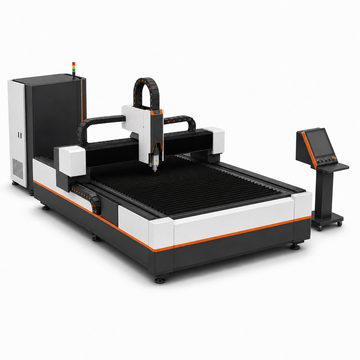 Elevated rear-left three-quarter view of UmproTech 6kW 5×10 open-table fiber laser cutting machine