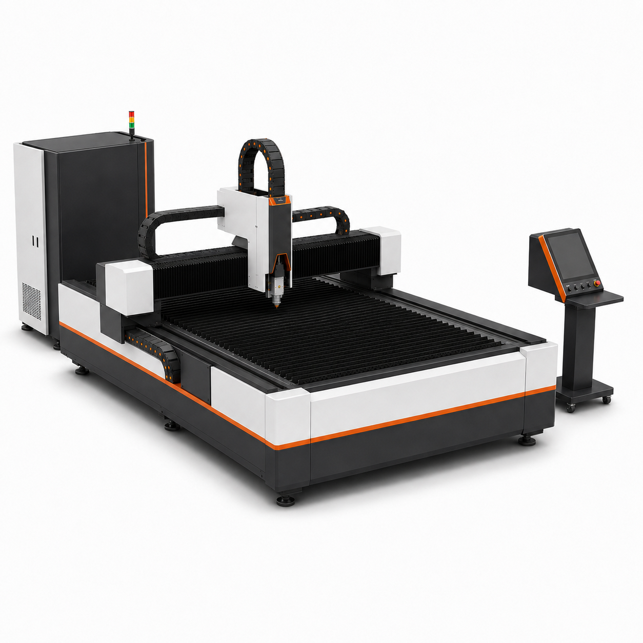 Elevated rear-left three-quarter view of UmproTech 6kW 5×10 open-table fiber laser cutting machine
