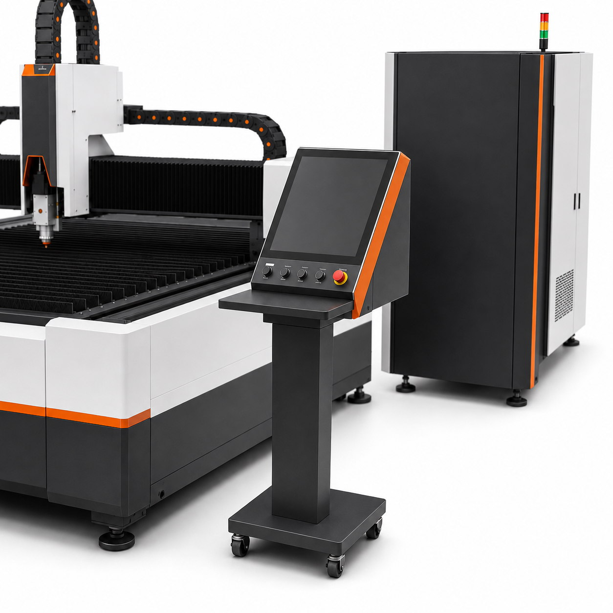 CNC control console and laser cabinet detail of UmproTech 6kW 5×10 open-table fiber laser cutting machine