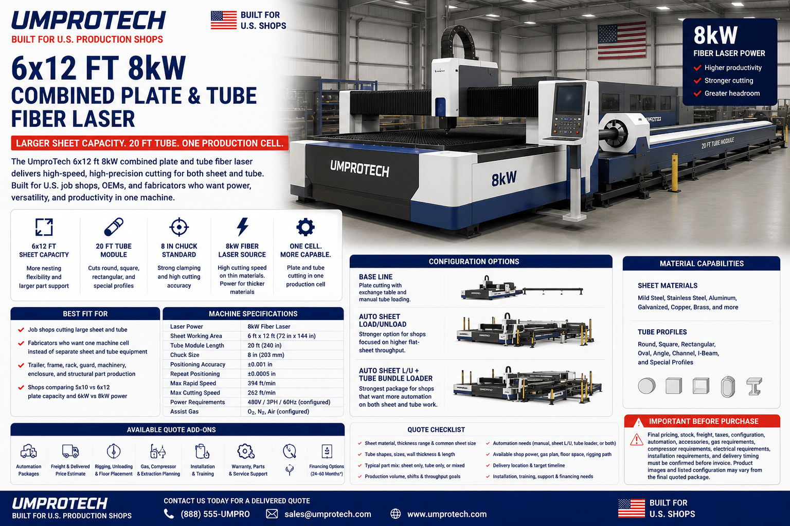 UmproTech Sheet & Tube Fiber Laser Cutters — 6×12 — 6x12 8kW Plate & Tube Fiber Laser • 20 ft Tube / 8 in Chuck