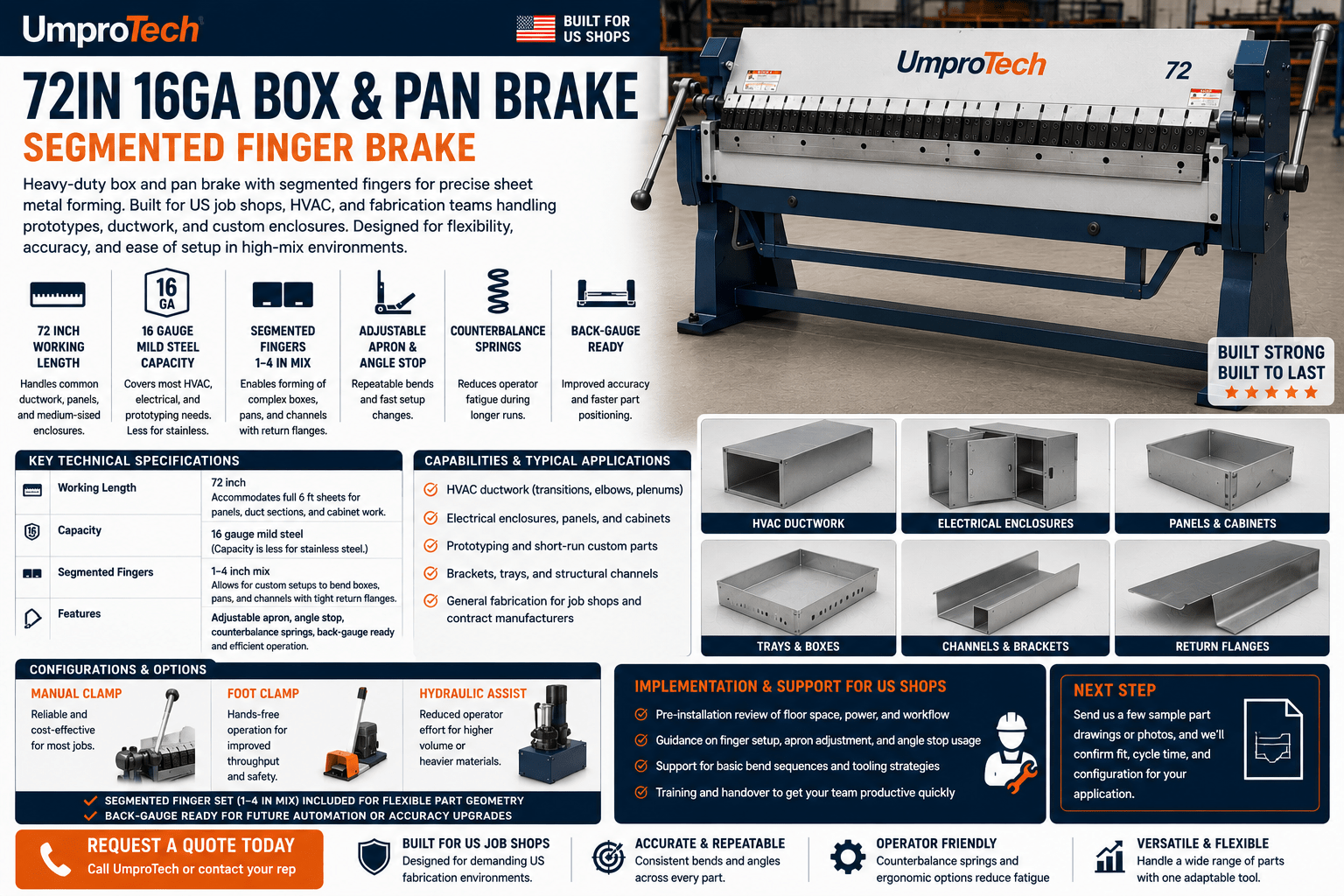 UmproTech 72in 16ga Box & Pan Brake USA – Segmented Finger Brake - UmproTech