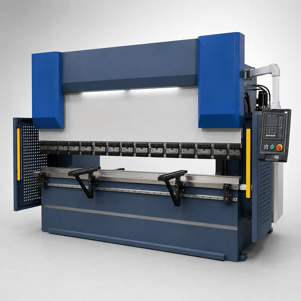 Catalog rendering of an 8 ft 100 ton hydraulic press brake with compact E22 controller