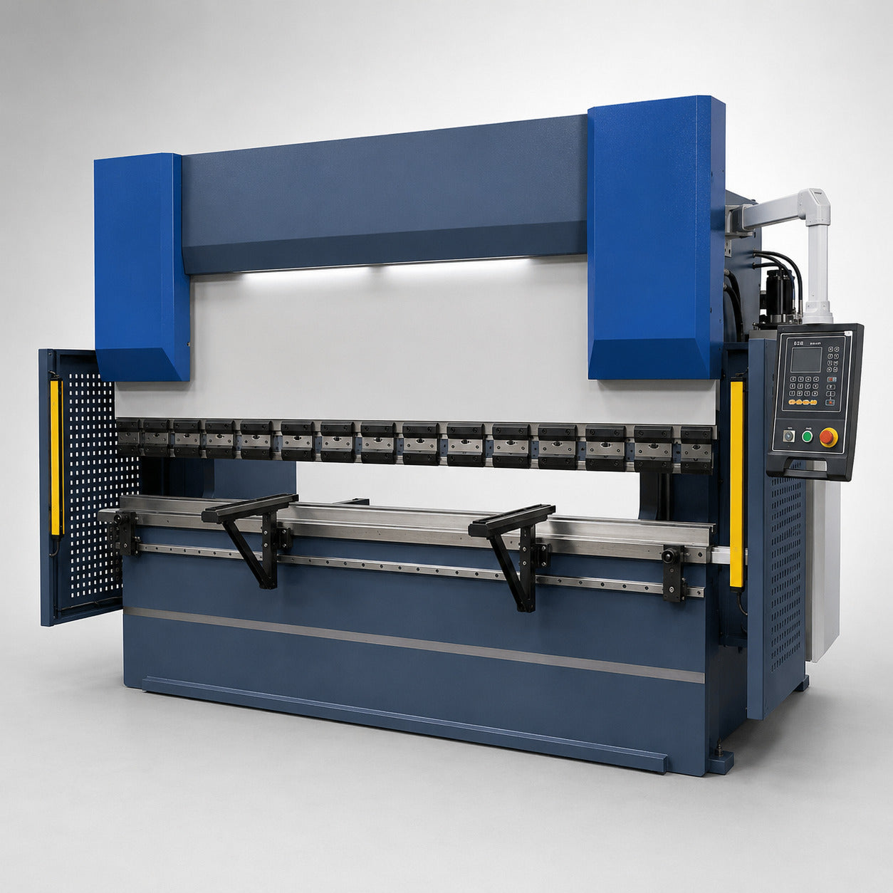 Catalog rendering of an 8 ft 100 ton hydraulic press brake with compact E22 controller