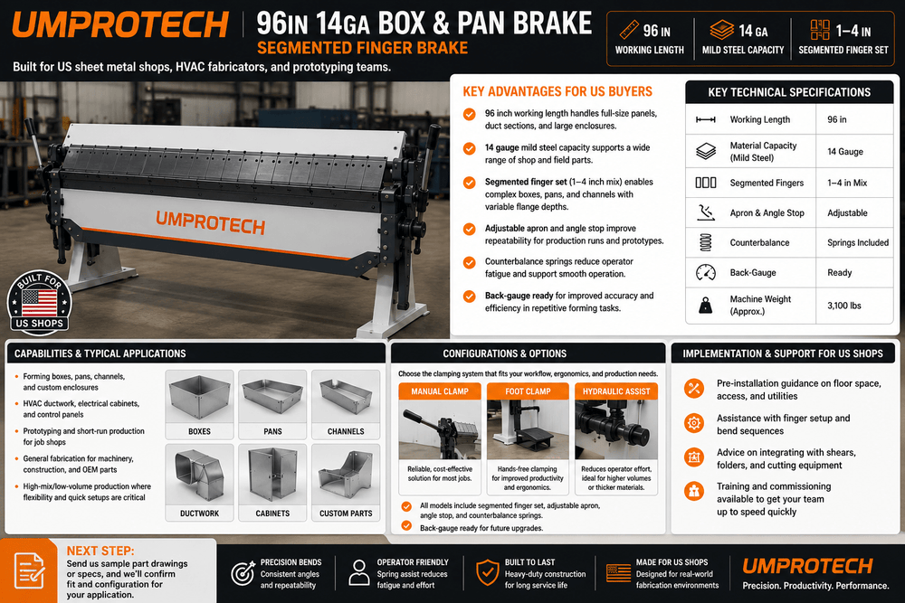 UmproTech Box & Pan Brakes — 96in 14ga Box & Pan Brake • Segmented Finger Brake