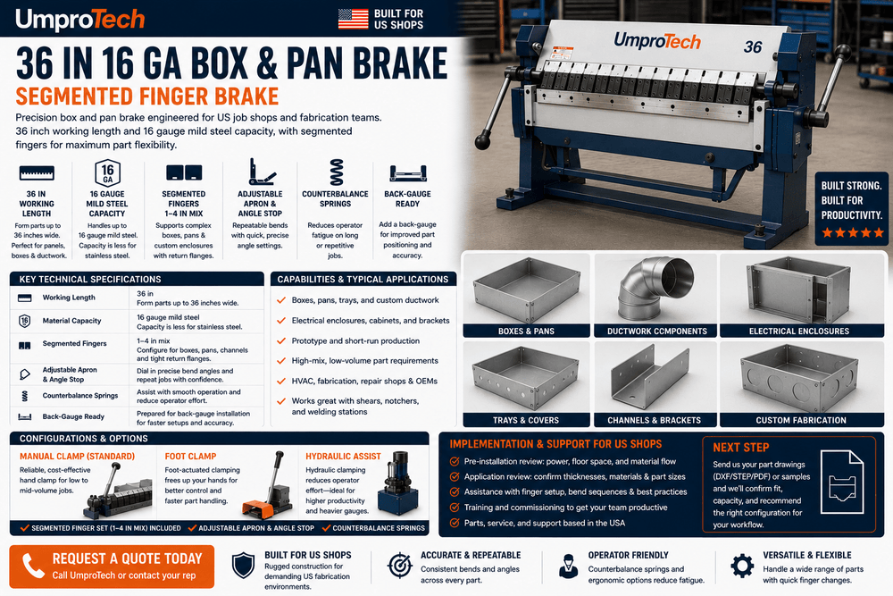 UmproTech Box & Pan Brake 36in 16ga Segmented Finger Brake USA - UmproTech