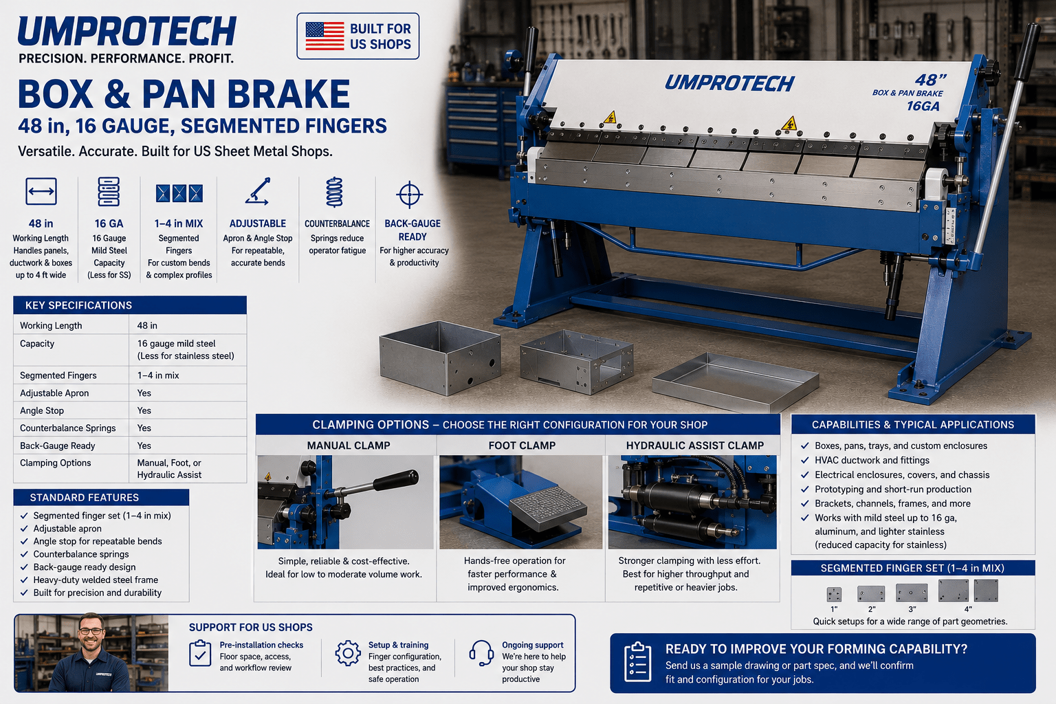 UmproTech Box & Pan Brake 48in 16ga Segmented Finger Brake USA - UmproTech