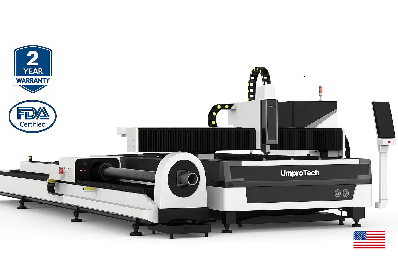 UmproTech Sheet & Tube Fiber Laser Cutters — 6×12 — 6x12 10kW Plate & Tube Fiber Laser • 20 ft Tube / 8 in Chuck