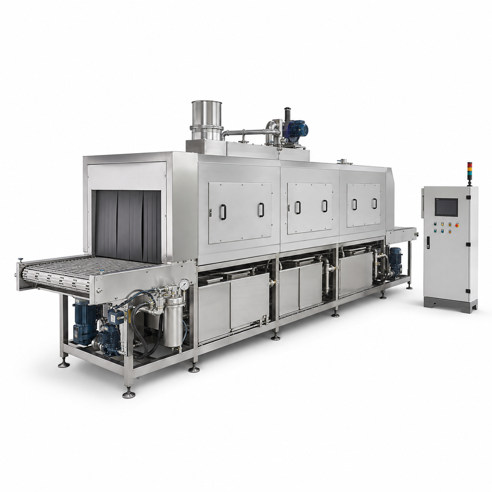 UmproTech conveyorized industrial parts washing machine on white background