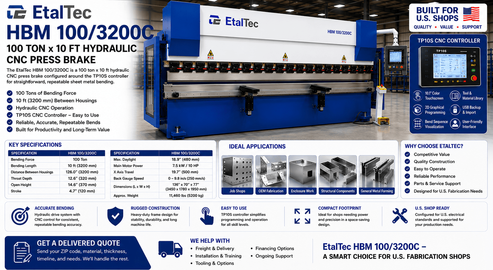 UmproTech EtalTec HBM 100/3200C TP10S 100 Ton x 10 ft CNC Press Brake USA - UmproTech
