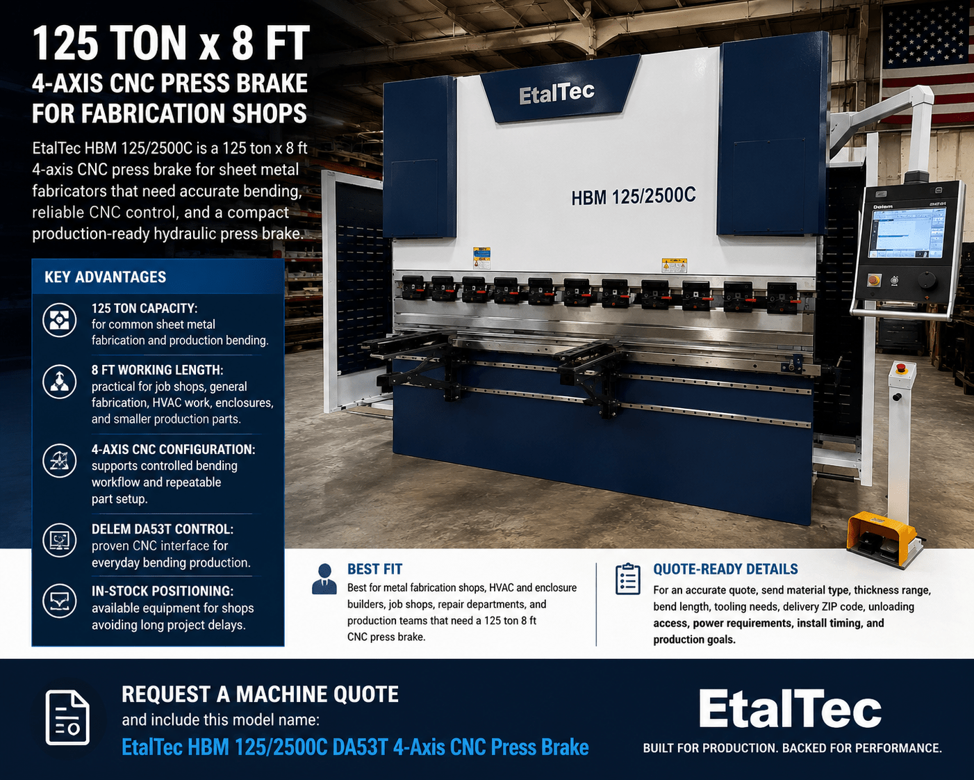 UmproTech EtalTec HBM 125/2500C DA53T 125 Ton x 8 ft CNC Press Brake USA - UmproTech