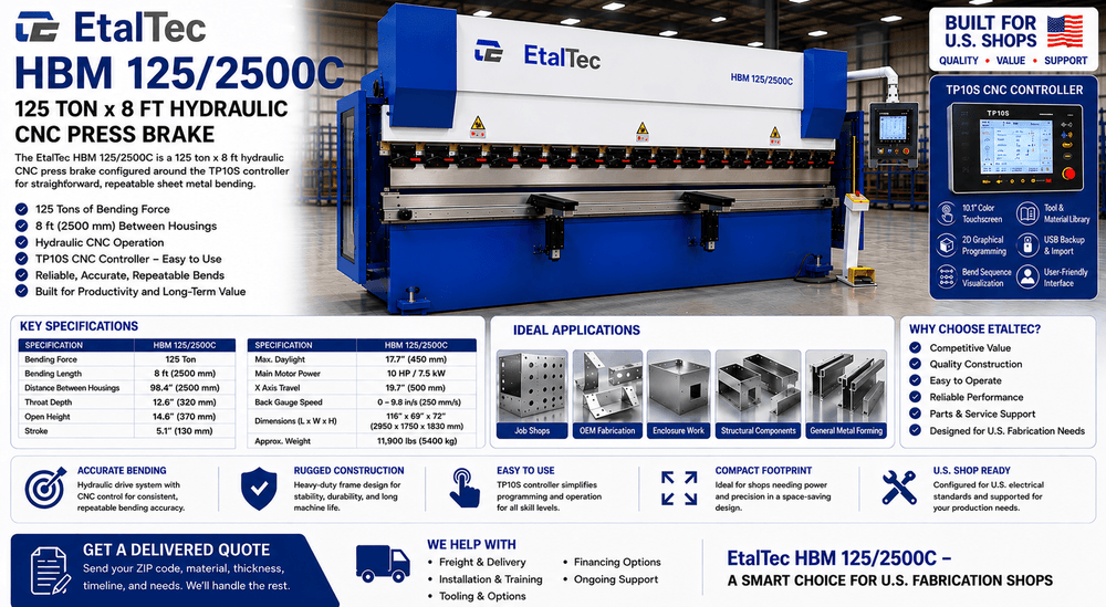UmproTech EtalTec HBM 125/2500C TP10S 125 Ton x 8 ft CNC Press Brake USA - UmproTech