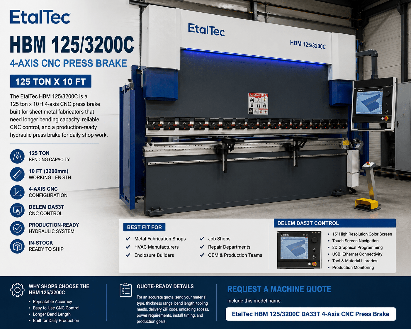 UmproTech EtalTec HBM 125/3200C DA53T 125 Ton x 10 ft CNC Press Brake USA - UmproTech