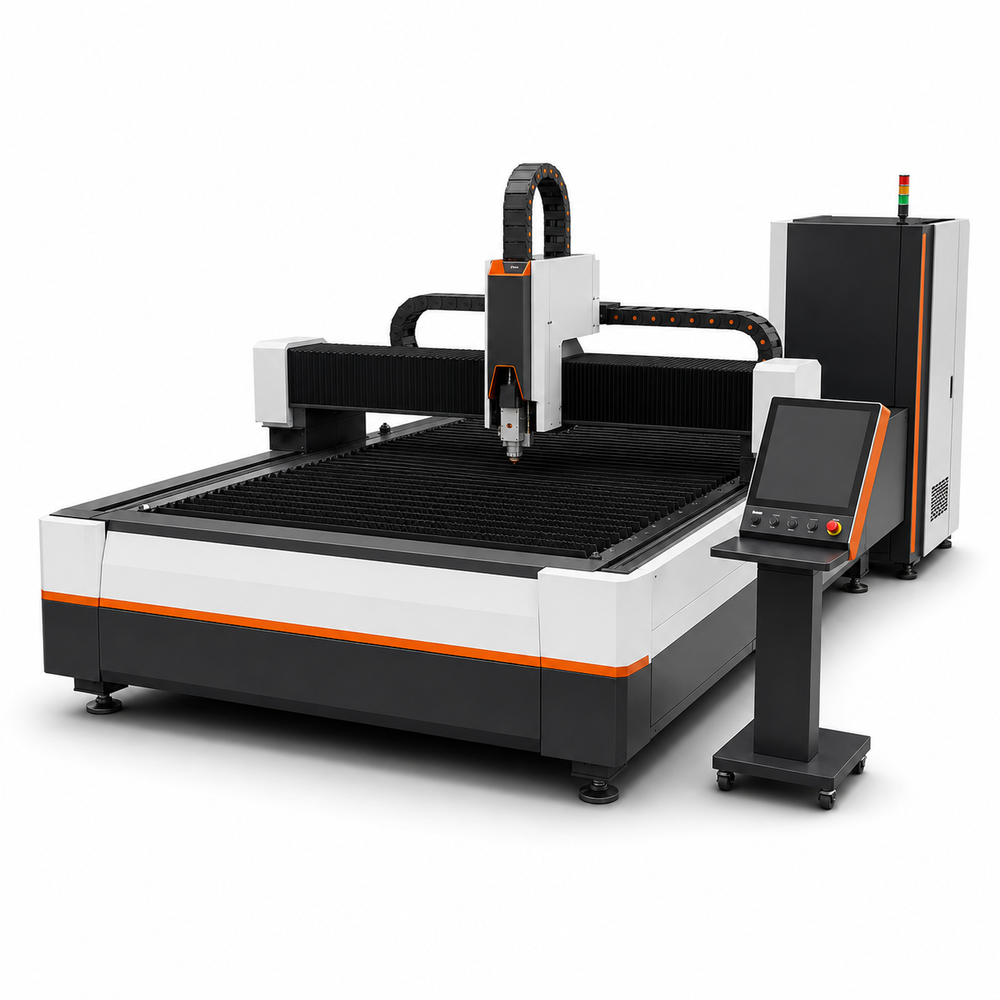 UmproTech 3kW 5 ft x 10 ft open-table fiber laser cutting machine on a white background