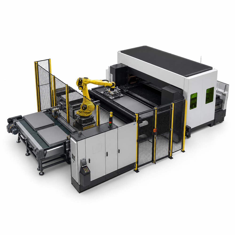 Custom industrial production-line integration and automation cell on a white background