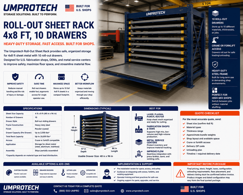 UmproTech Roll Out Sheet Storage & Racking — Roll-Out Sheet Rack 4x8 10-Drawer
