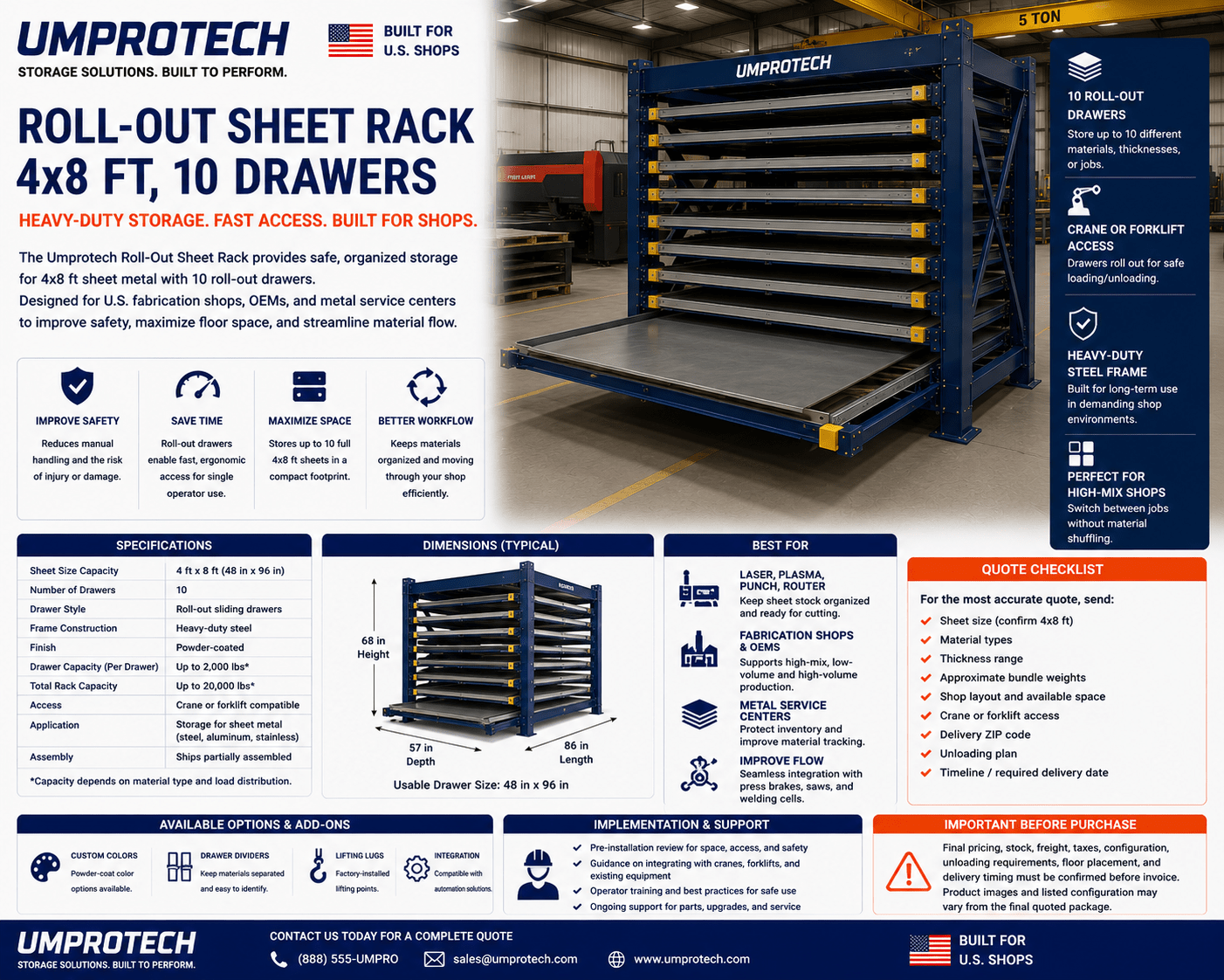 UmproTech Roll Out Sheet Storage & Racking — Roll-Out Sheet Rack 4x8 10-Drawer