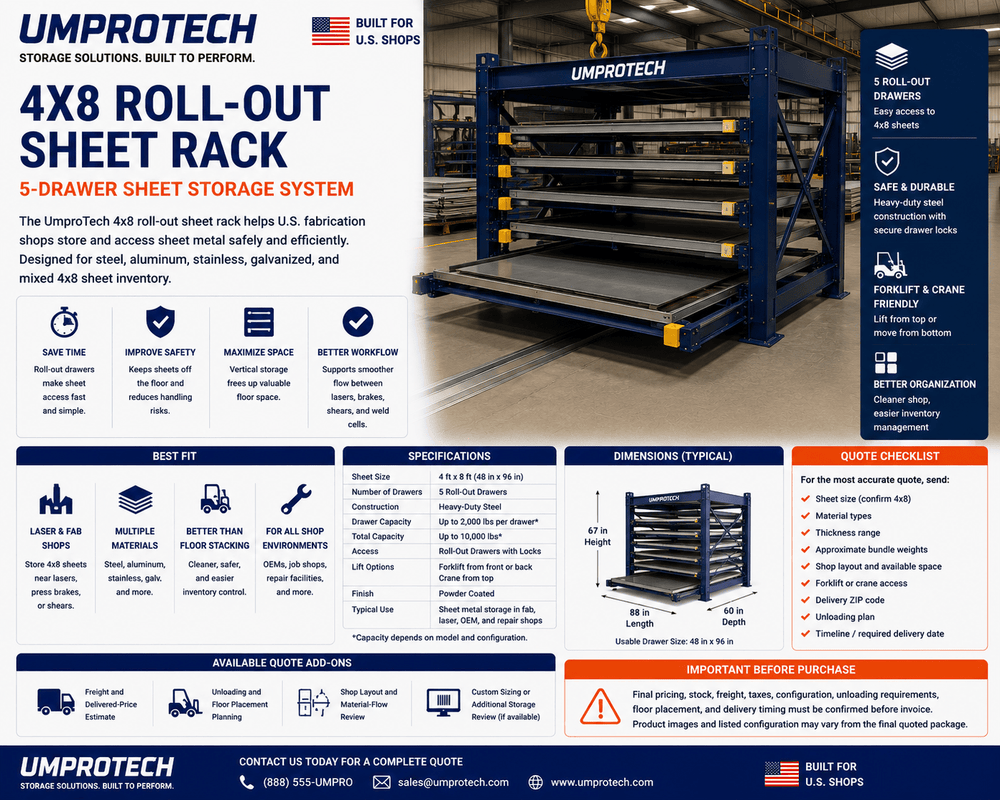 UmproTech Roll Out Sheet Storage & Racking — Roll-Out Sheet Rack 4x8 • 5-Drawer Heavy-Duty Storage