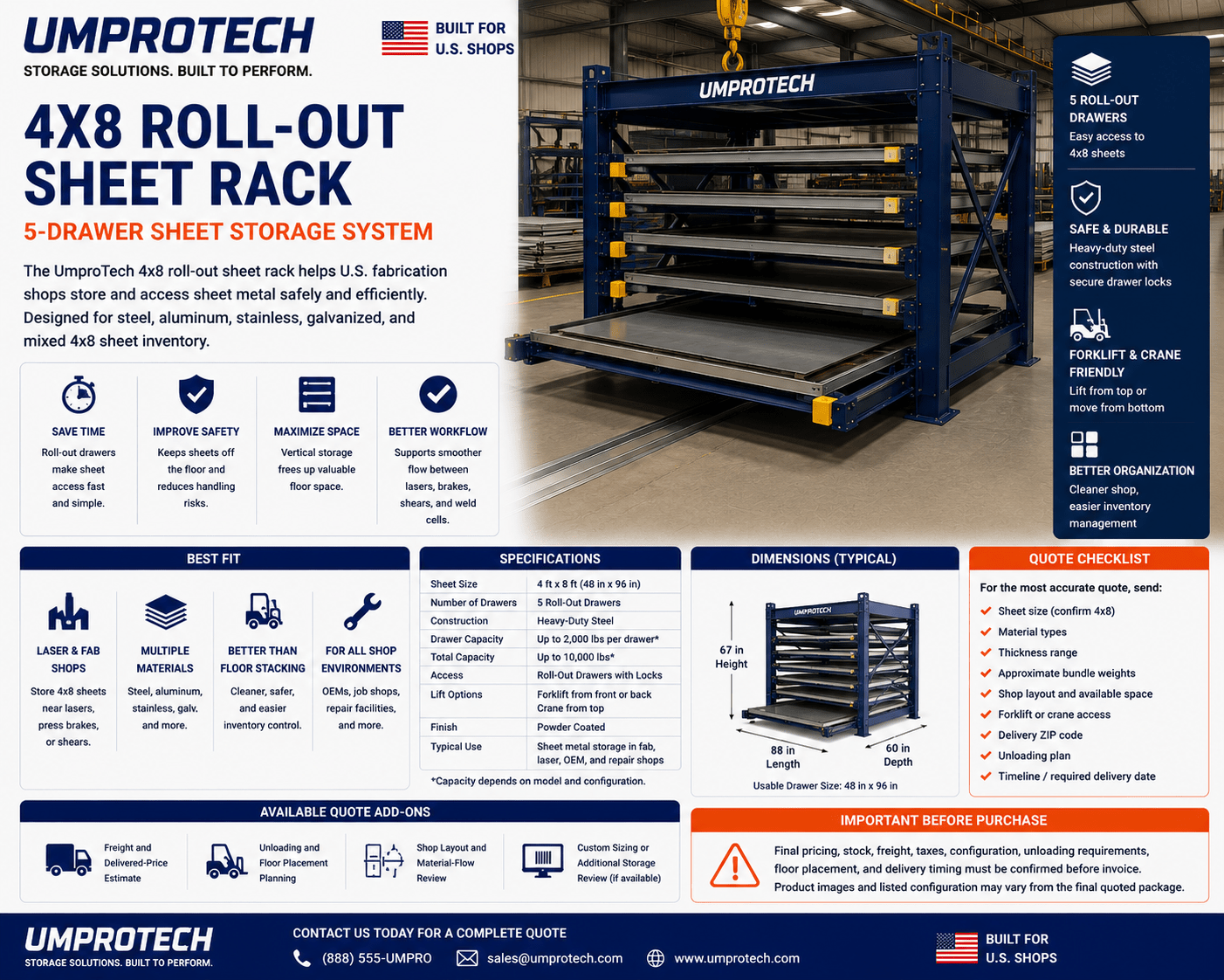UmproTech Roll Out Sheet Storage & Racking — Roll-Out Sheet Rack 4x8 • 5-Drawer Heavy-Duty Storage