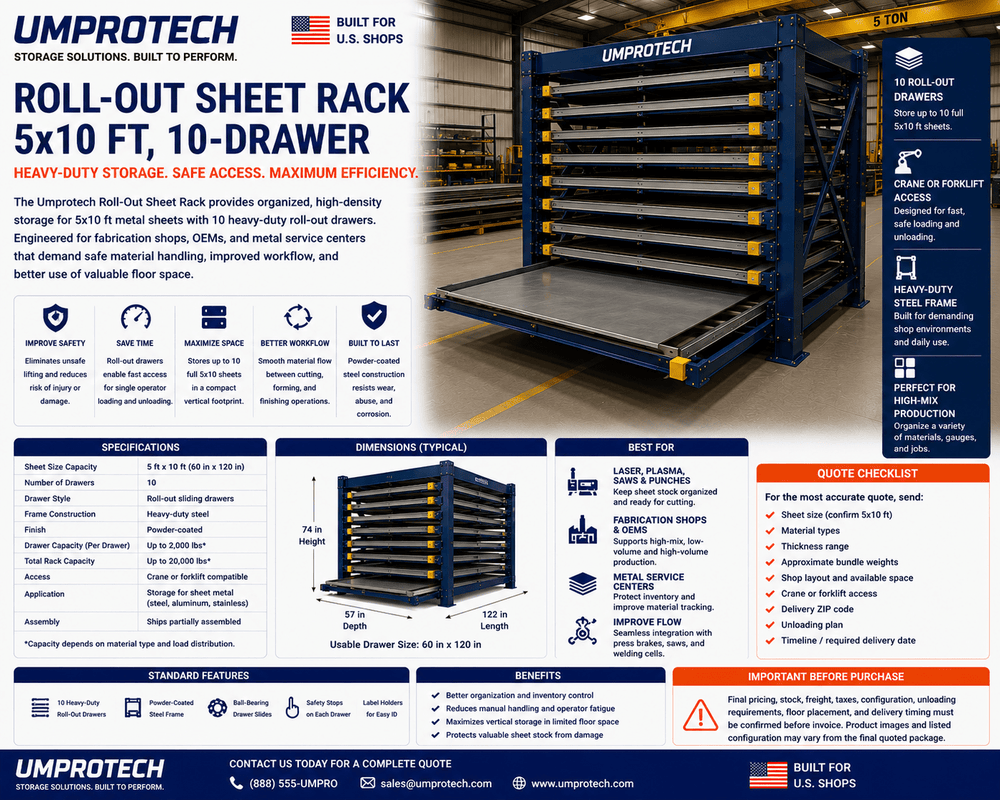 UmproTech Roll Out Sheet Storage & Racking — Roll-Out Sheet Rack 5x10 10-Drawer