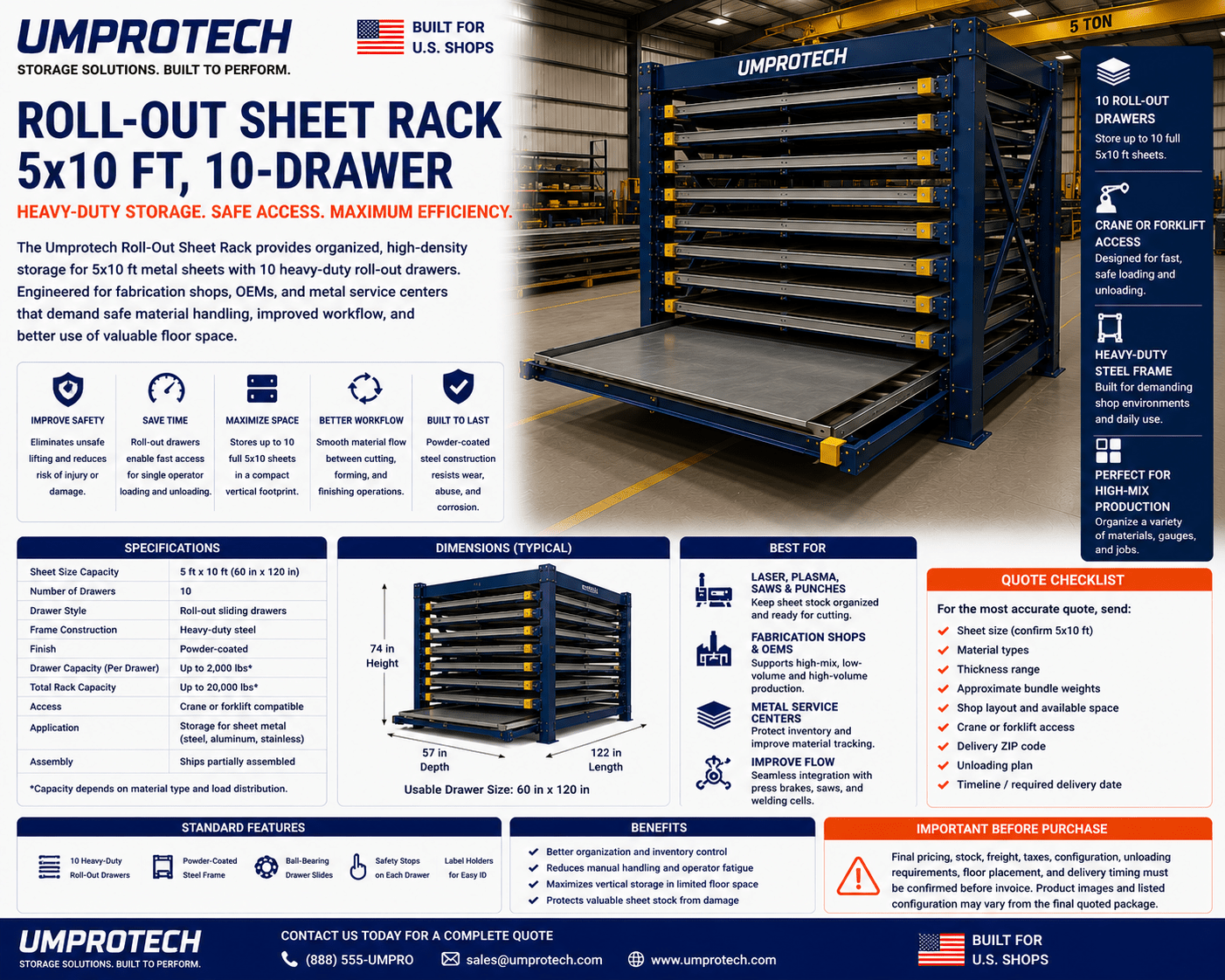 UmproTech Roll Out Sheet Storage & Racking — Roll-Out Sheet Rack 5x10 10-Drawer