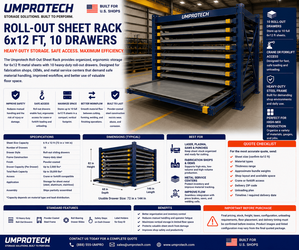 UmproTech Roll Out Sheet Storage & Racking — Roll-Out Sheet Rack 6x12 10-Drawer