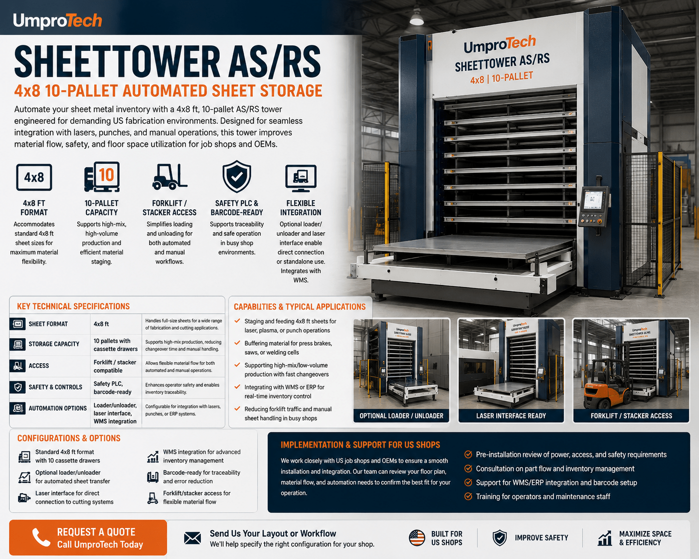 UmproTech SheetTower Automated Sheet Storage Systems — SheetTower AS/RS 4x8 10-Pallet Automated Storage