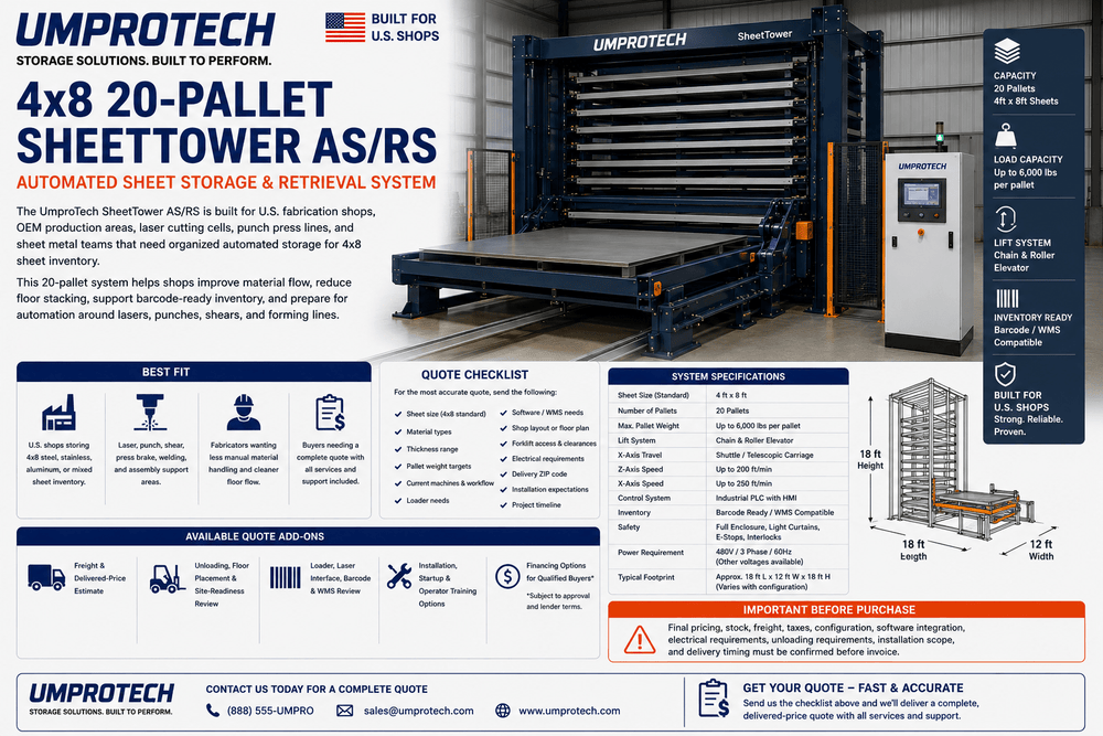 UmproTech SheetTower Automated Sheet Storage Systems — SheetTower AS/RS 4x8 • 20-Pallet Automated Sheet Storage