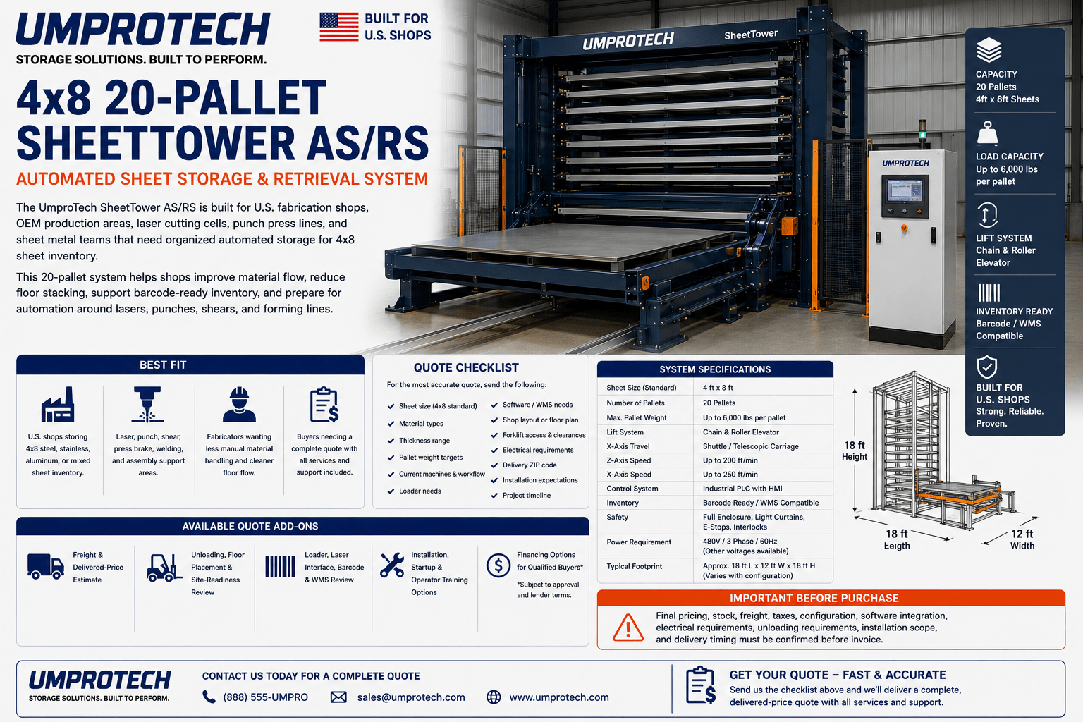 UmproTech SheetTower Automated Sheet Storage Systems — SheetTower AS/RS 4x8 • 20-Pallet Automated Sheet Storage