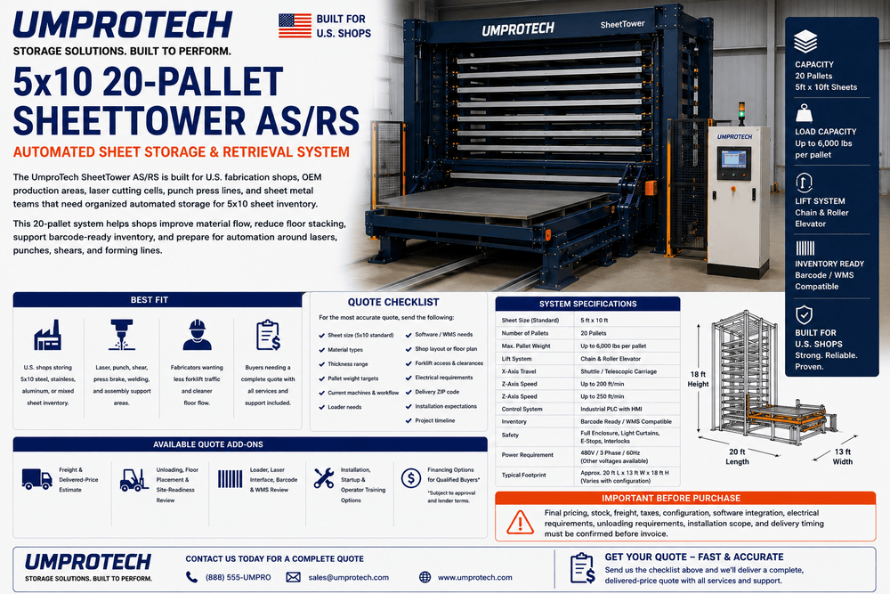UmproTech SheetTower Automated Sheet Storage Systems — SheetTower AS/RS 5x10 • 20-Pallet Automated Sheet Storage