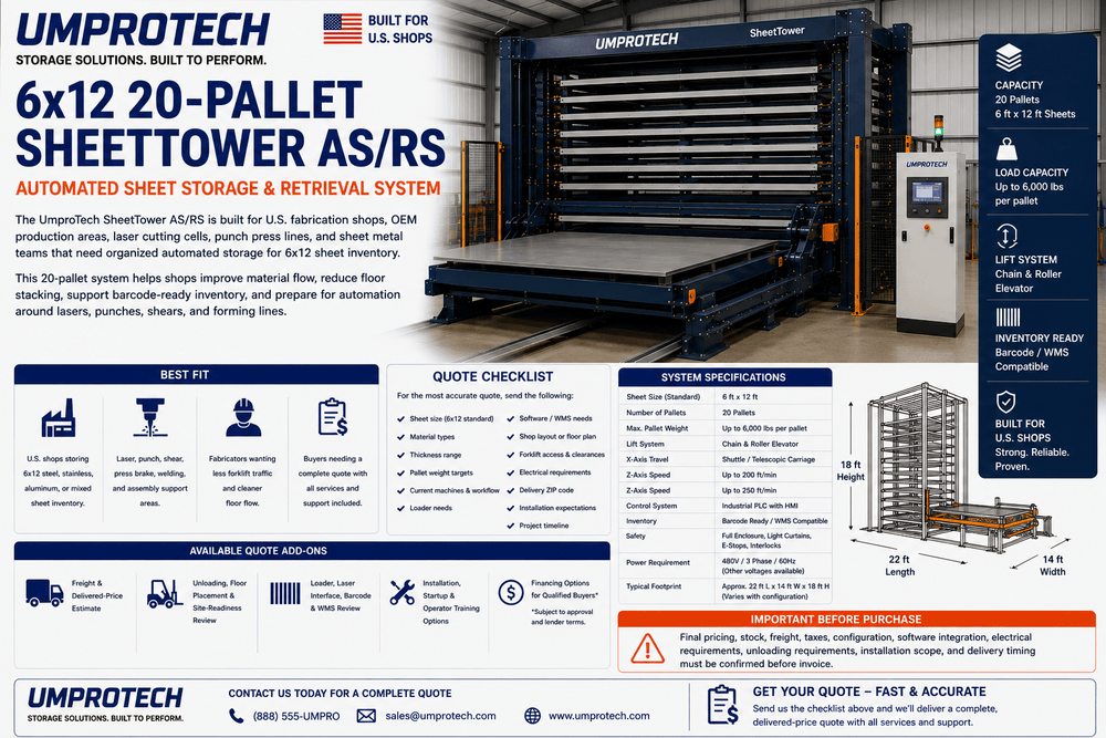 UmproTech SheetTower Automated Sheet Storage Systems — SheetTower AS/RS 6x12 • 20-Pallet Automated Sheet Storage