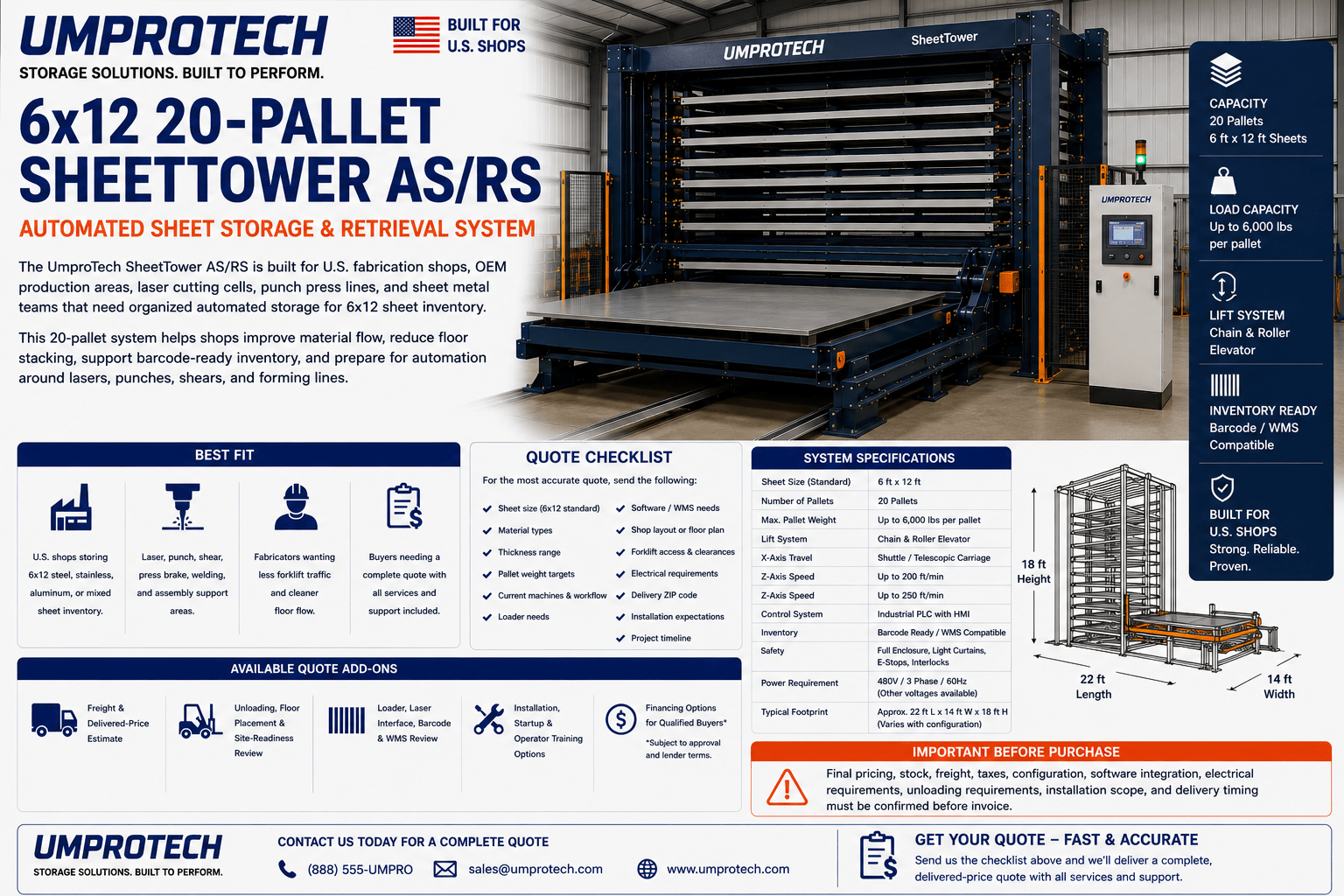 UmproTech SheetTower Automated Sheet Storage Systems — SheetTower AS/RS 6x12 • 20-Pallet Automated Sheet Storage