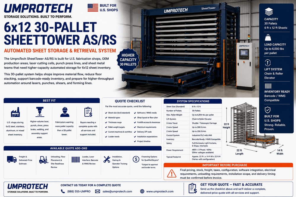 UmproTech SheetTower Automated Sheet Storage Systems — SheetTower AS/RS 6x12 • 30-Pallet Automated Sheet Storage