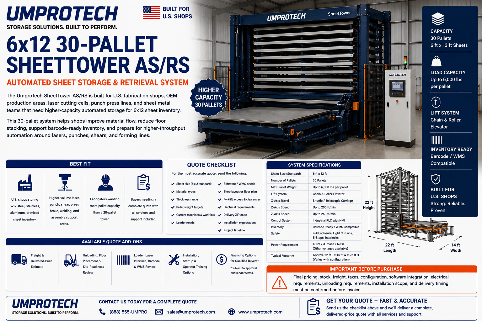 UmproTech SheetTower Automated Sheet Storage Systems — SheetTower AS/RS 6x12 • 30-Pallet Automated Sheet Storage