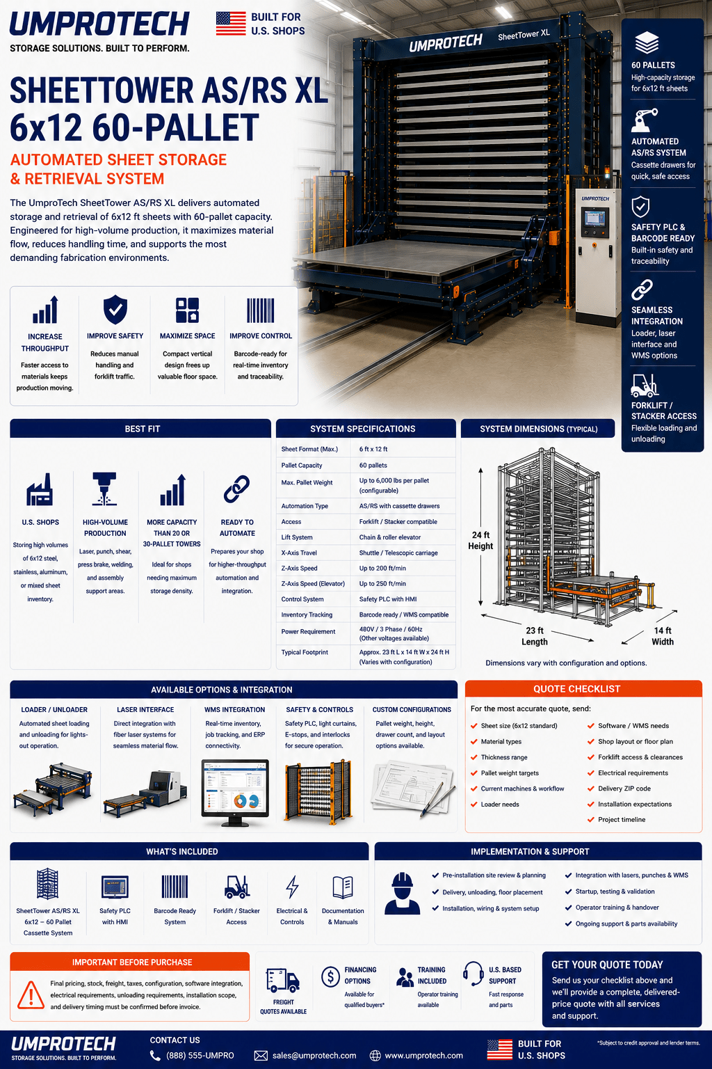 UmproTech SheetTower Automated Sheet Storage Systems — SheetTower AS/RS XL 6x12 • 60-Pallet Automated Sheet Storage