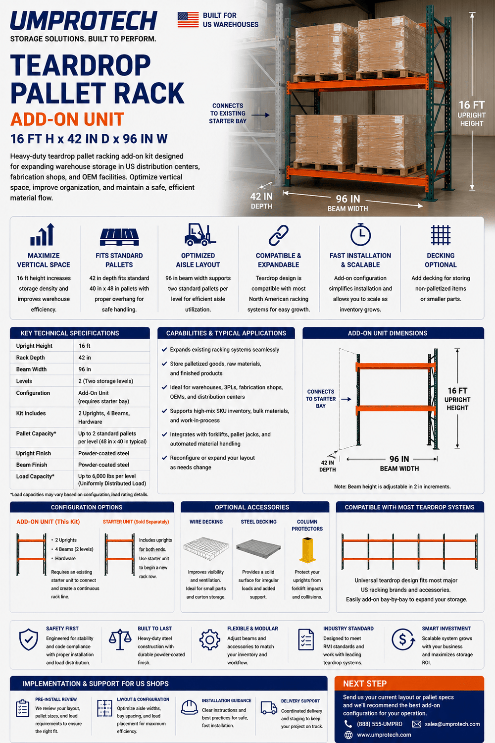 UmproTech Teardrop Sheet Storage & Racking — Teardrop Pallet Rack Add-On • 16ft × 42in × 96in