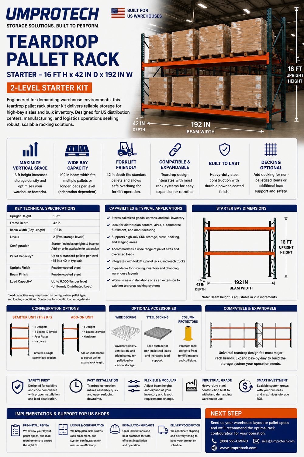 UmproTech Teardrop Sheet Storage & Racking — Teardrop Pallet Rack Starter 16ft × 42in × 192in (2-Level)