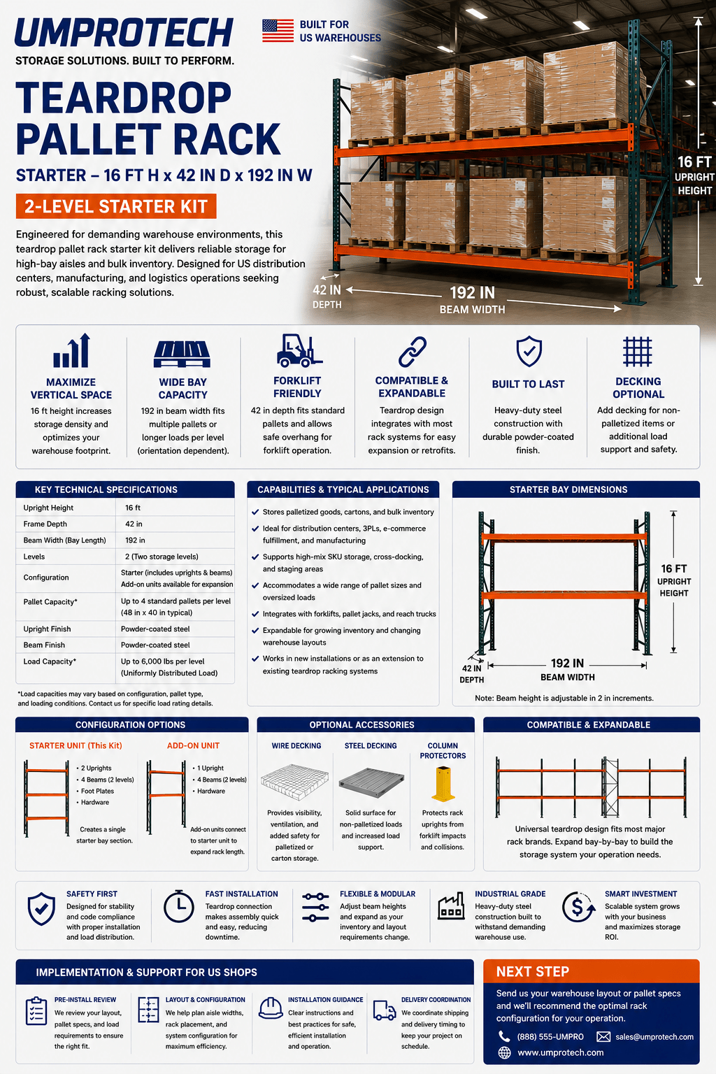 UmproTech Teardrop Sheet Storage & Racking — Teardrop Pallet Rack Starter 16ft × 42in × 192in (2-Level)
