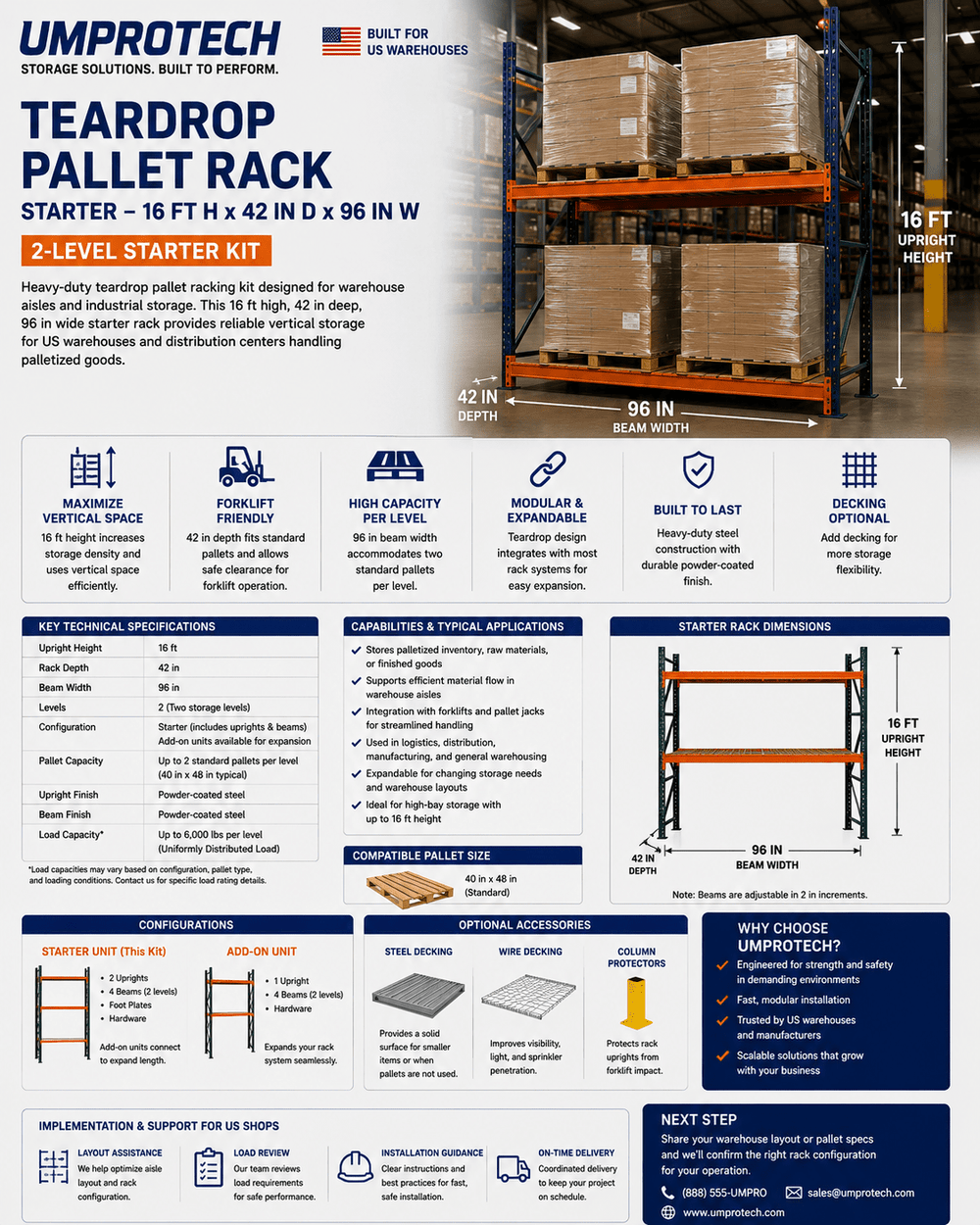 UmproTech Teardrop Sheet Storage & Racking — Teardrop Pallet Rack Starter 16ft × 42in × 96in (2-Level)
