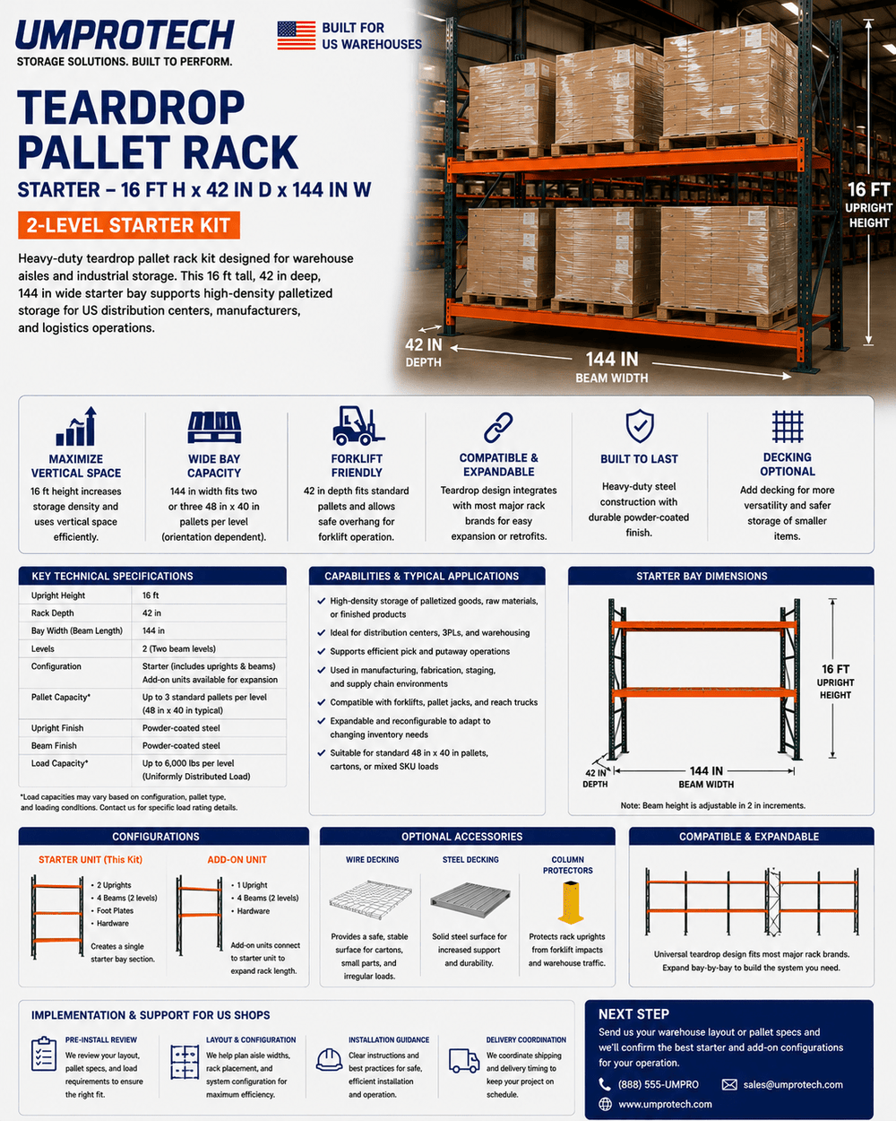 UmproTech Teardrop Sheet Storage & Racking — Teardrop Pallet Rack Starter • 16ft × 42in × 144in (2-Level)