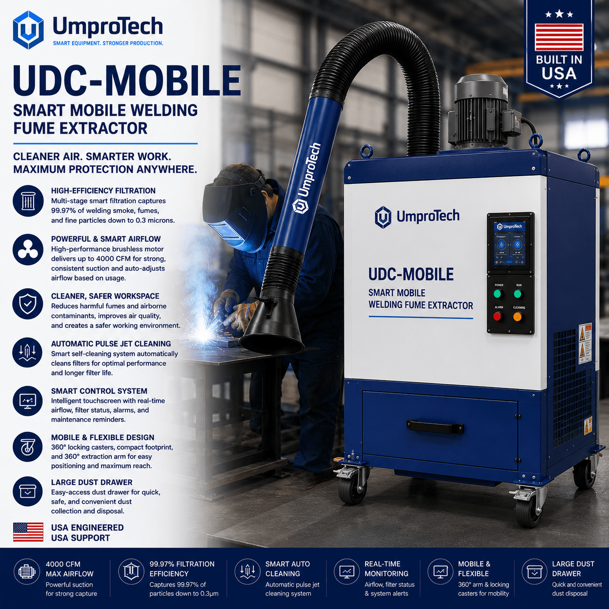 UmproTech UDC-MOBILE-2.2KW Smart Mobile Welding Fume Extractor USA - UmproTech