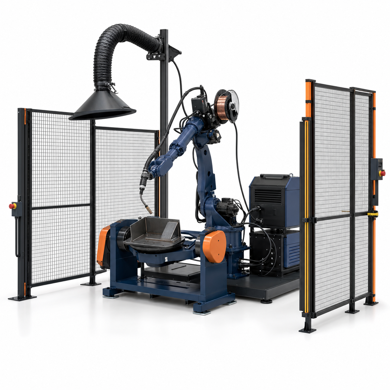 Industrial robotic welding and cutting automation cell on a white background