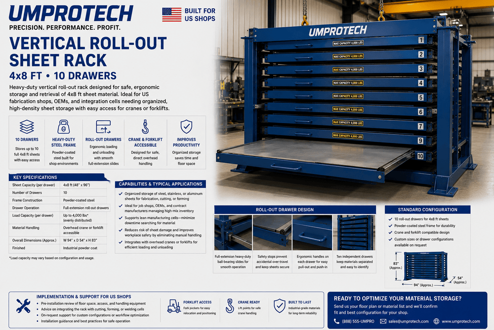 UmproTech Sheet Storage & Racking — Vertical Roll-Out Sheet Rack 4x8 10-Drawer