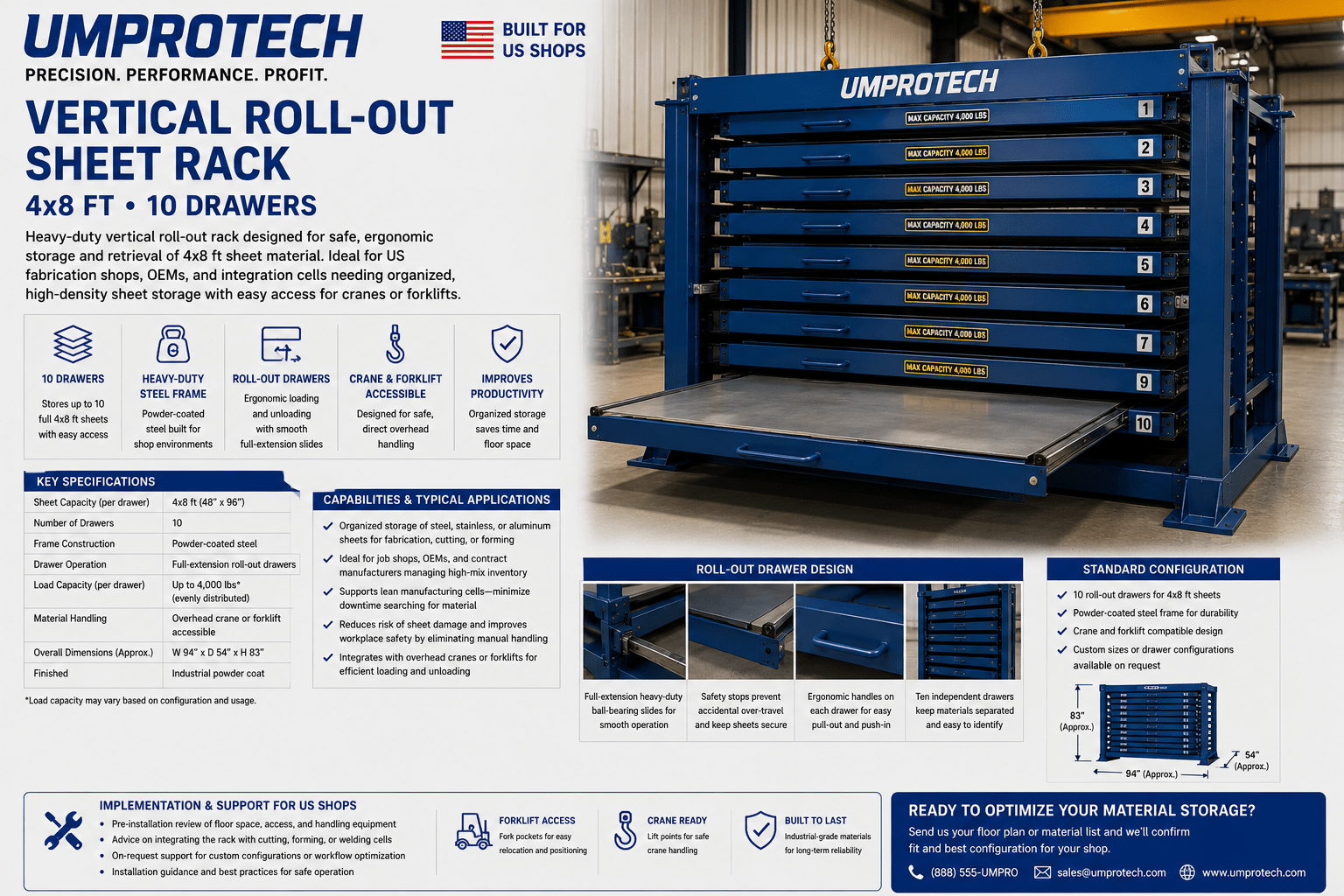 UmproTech Sheet Storage & Racking — Vertical Roll-Out Sheet Rack 4x8 10-Drawer