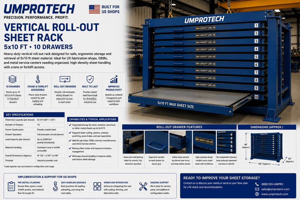 UmproTech Sheet Storage & Racking — Vertical Roll-Out Sheet Rack 5x10 • 10-Drawer
