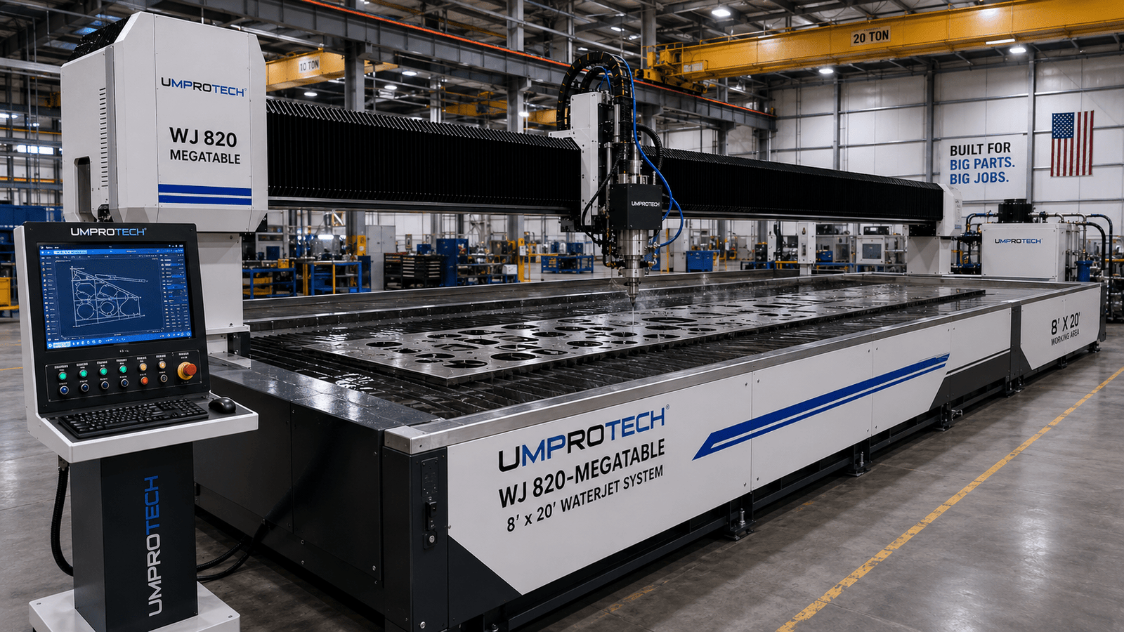 UmproTech WJ Waterjet Cutting Systems — WJ 820 MegaTable Waterjet Cutting Machine • 8 ft × 20 ft